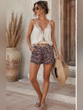 I LOVE H81 Boho PrintedWomen’s Shorts/Burlap Braided Belt 28